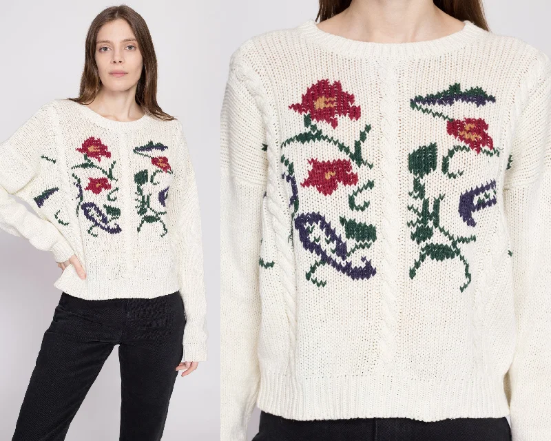 90s White Floral Cable Knit Sweater - Medium