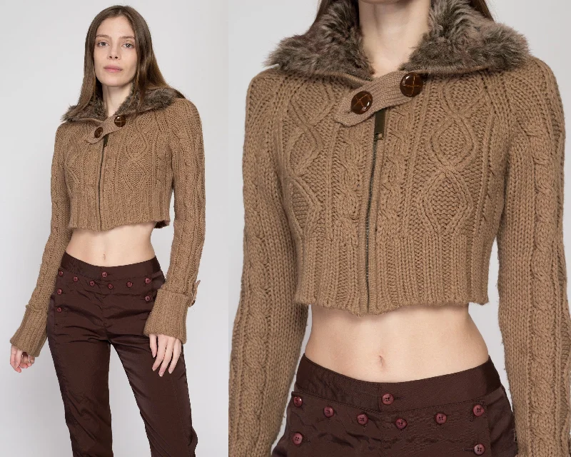 Med-Lrg 90s Brown Faux Fur Collar Cropped Sweater