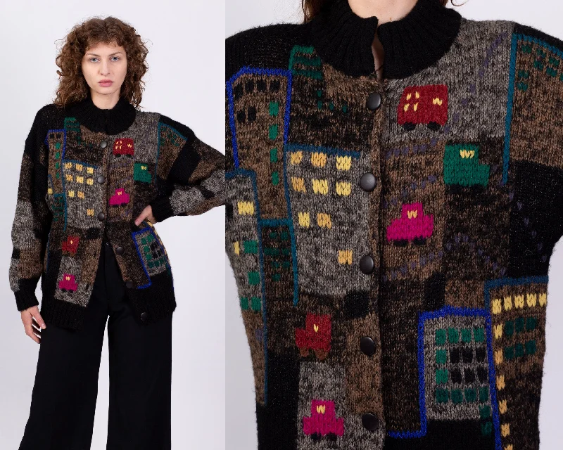 80s 90s City Scene Novelty Knit Cardigan - Medium