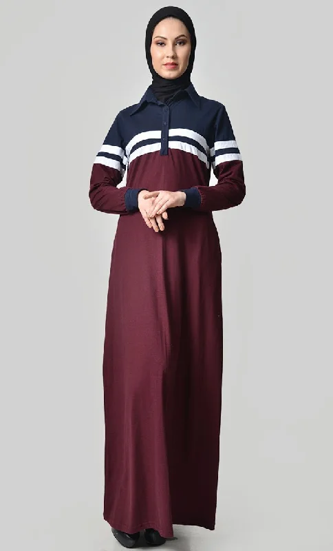 Jersey Stripe Sportswear Abaya-Navy + Maroon