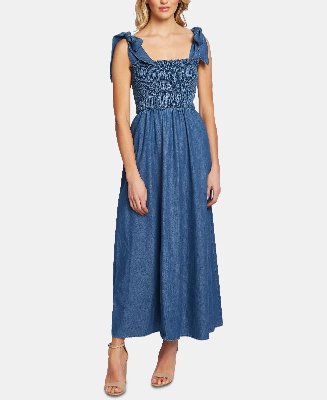 Cotton Smocked Denim Maxi Dress