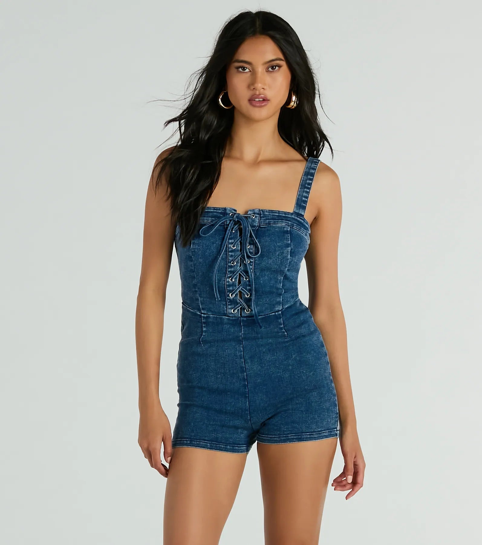 Enticing Flirty Sleeveless Lace-Up Denim Romper