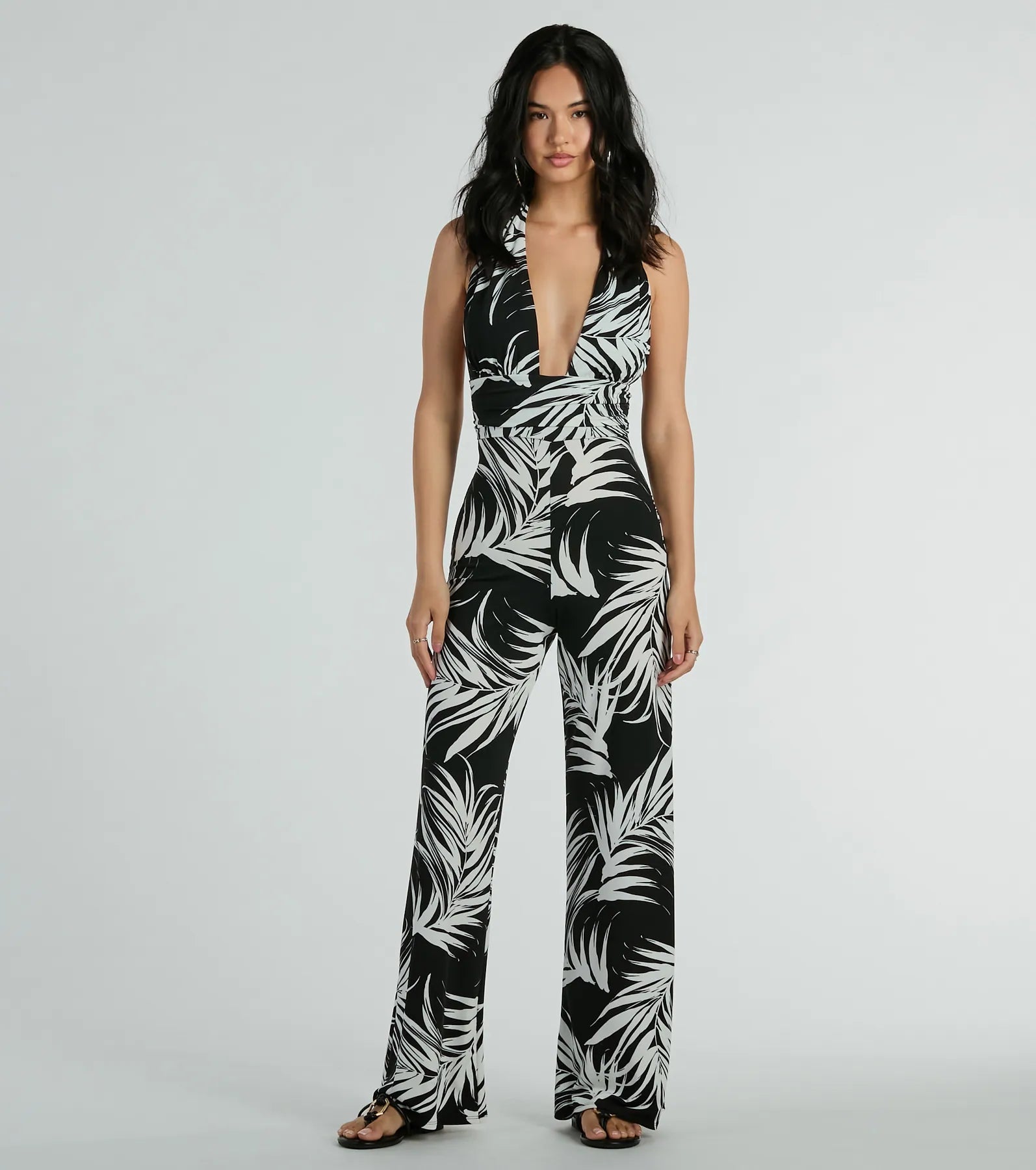 Majorly Tropical Plunge Halter Wide-Leg Jumpsuit