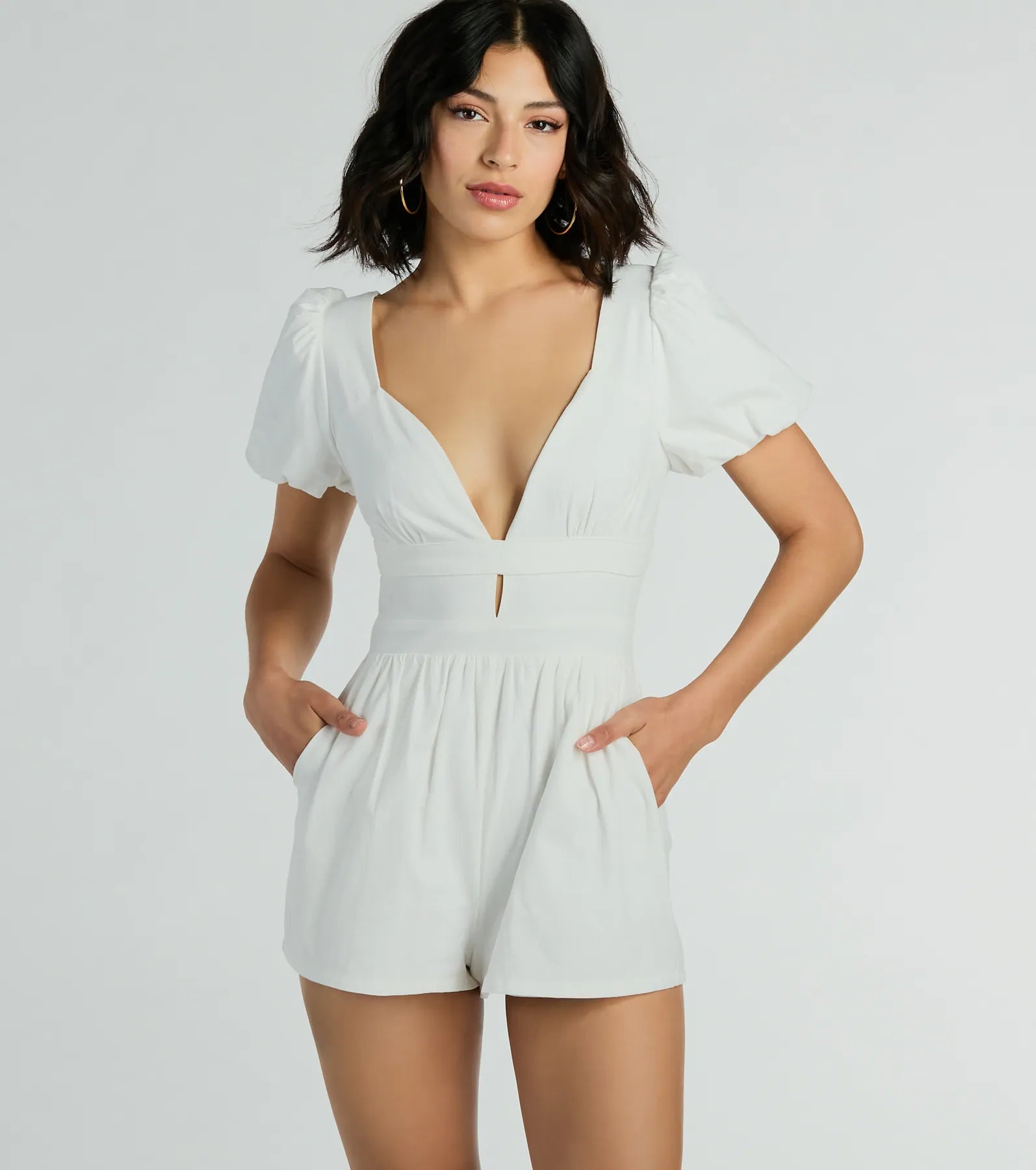 One Take Puff Sleeve V-Neck Linen Romper