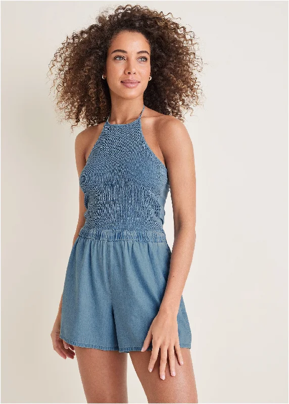 Smocked Chambray Romper - Medium Wash