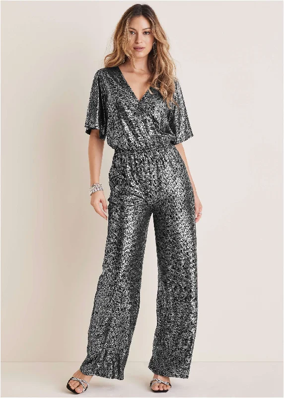 Metallic Flutter Sleeve Jumpsuit - Silver