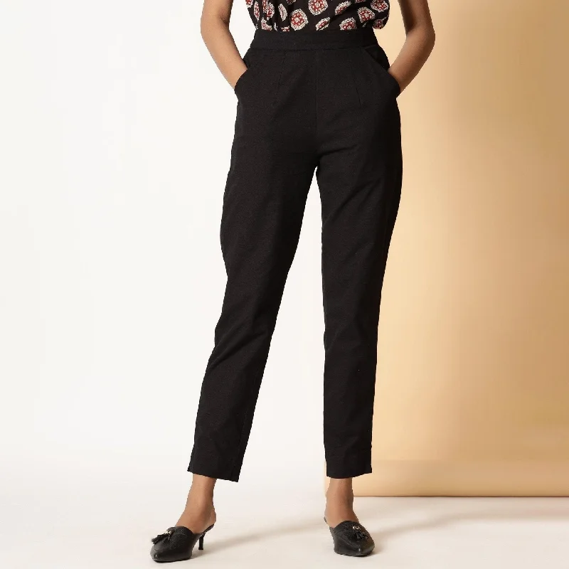 Basic Black Cotton Flax High-Rise Elasticated Tapered Pant