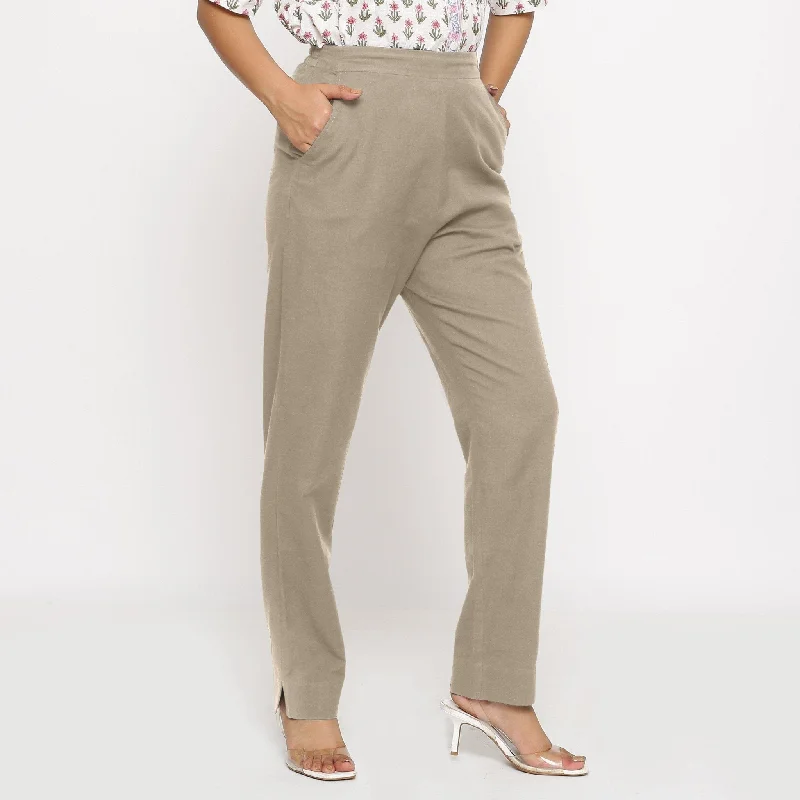 Beige Cotton Flax Elasticated Mid-Rise Tapered Pant