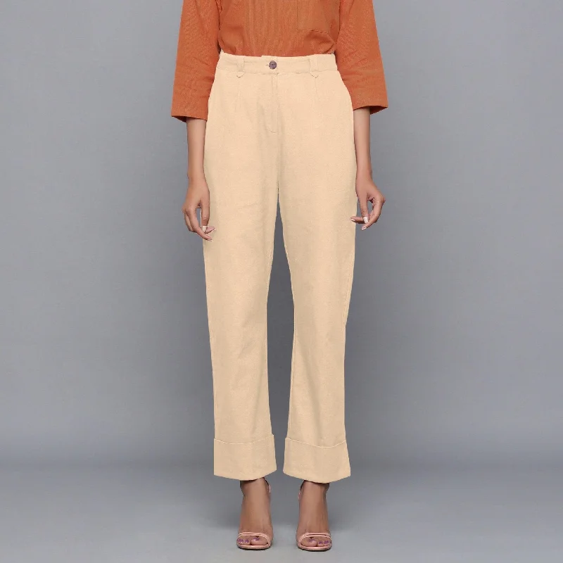 Beige Warm Cotton Flannel High-Rise Rolled-up Pant