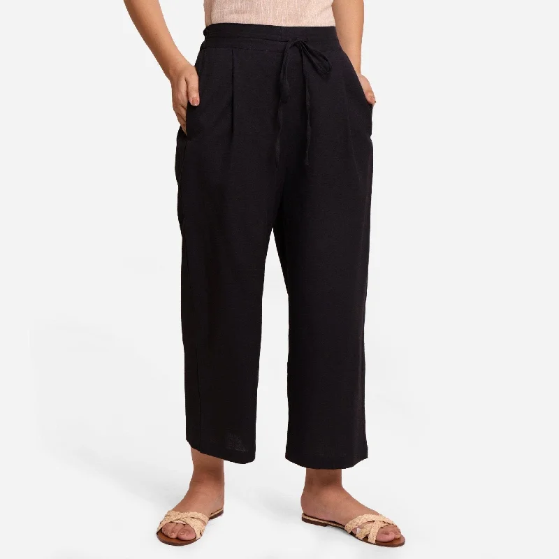 Black Cotton Flax Elasticated Relaxed Fit Wide Legged Pant