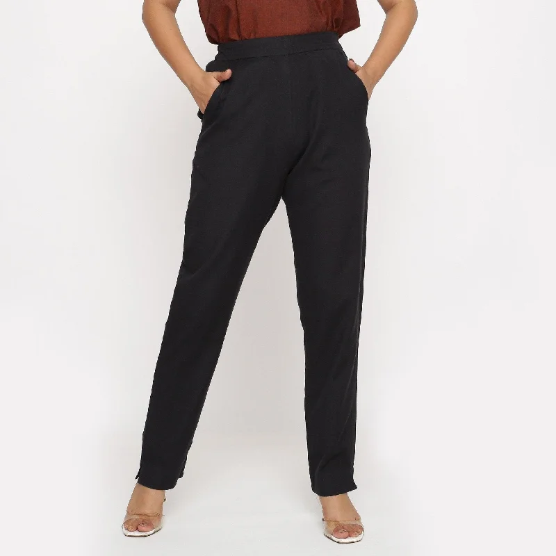 Black Cotton Flax High-Rise Elasticated Tapered Pant