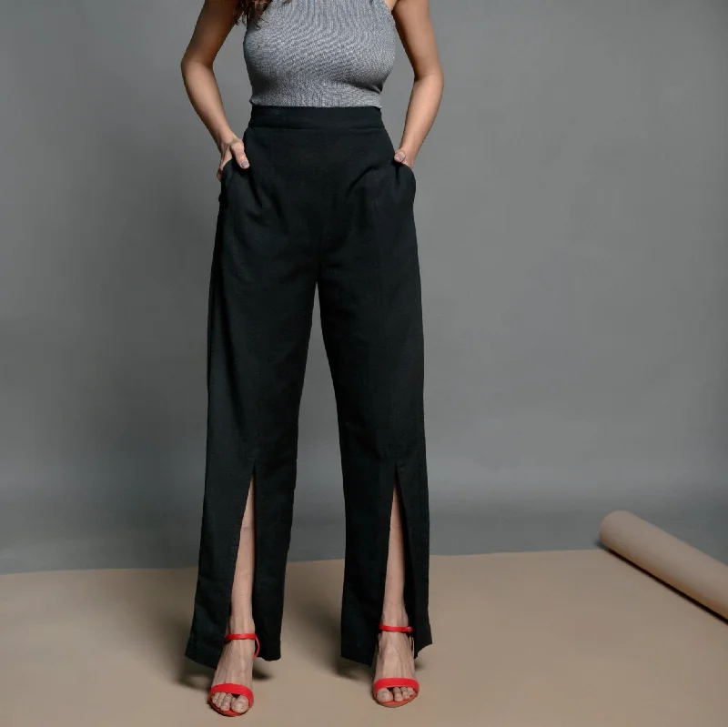 Black Handspun Cotton Elasticated High-Rise Slit Pant