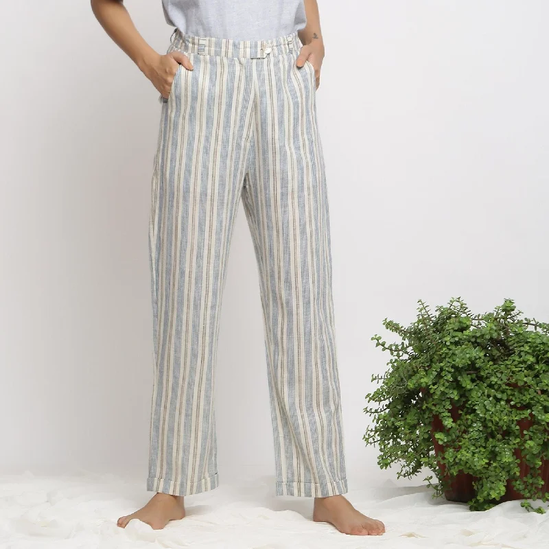 Blue Yarn Dyed Cotton Striped Mid-Rise Tapered Pant