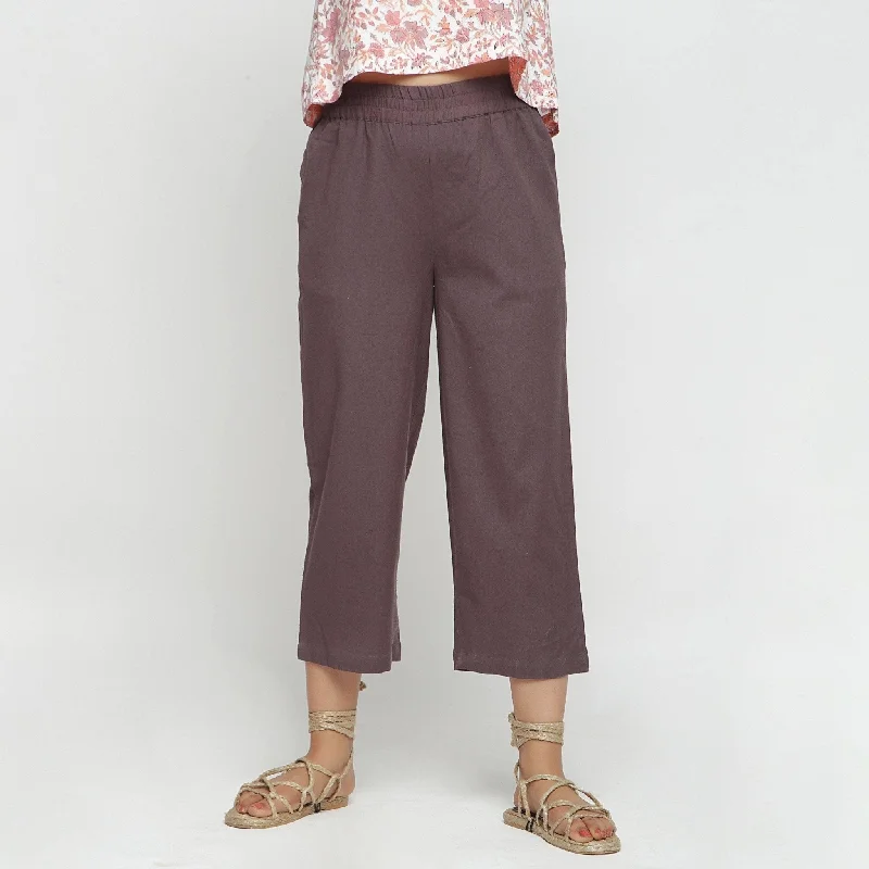 Brown Cotton Flax Elasticated Midi-Rise Culottes