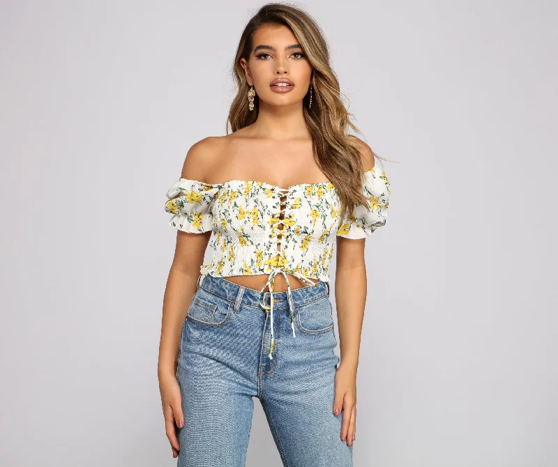 Flirty Floral Lace-Up Crop Top