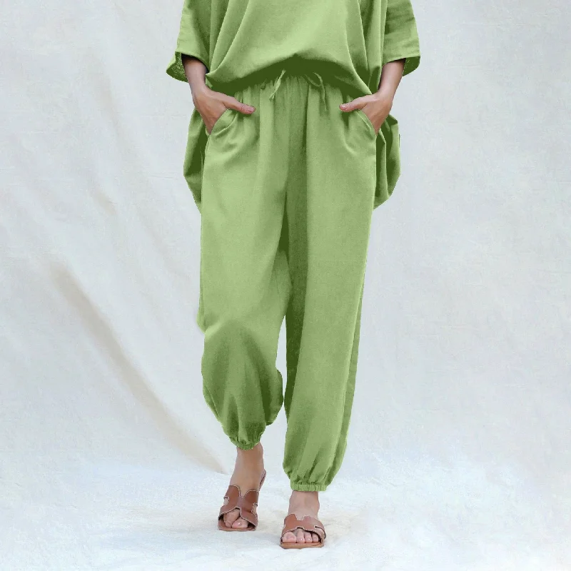 Green Cotton Flax High-Rise Elasticated Jogger Pant