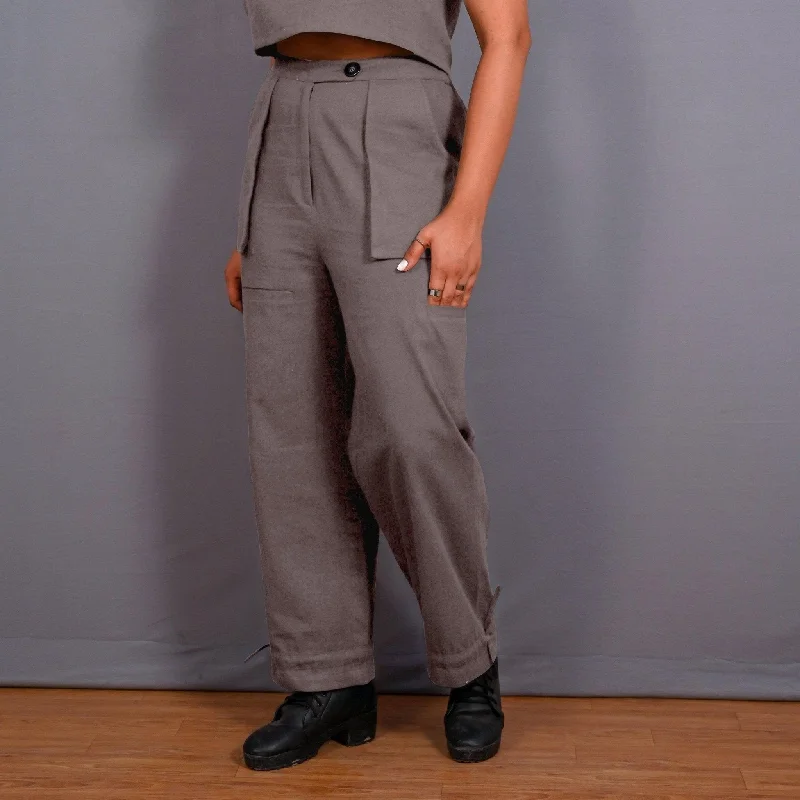 Grey Warm Cotton Flannel High-Rise  Convertible Jogger Cargo Pant