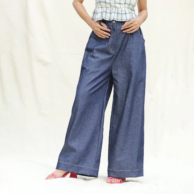 Indigo Cotton Denim High-Rise Elasticated Wide Legged Pant