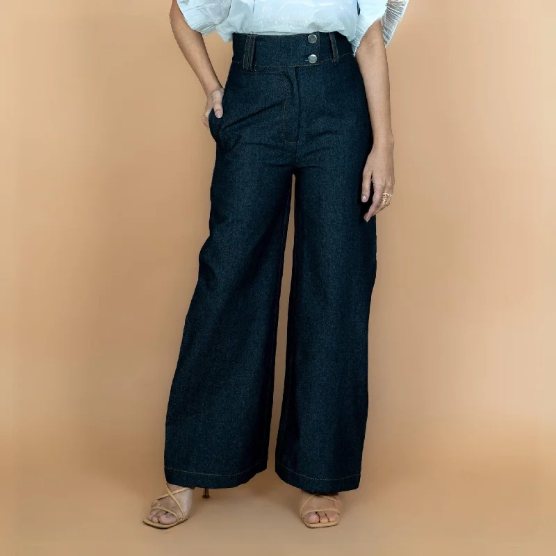 Indigo Cotton Denim High-Rise Flared Wide Legged Pant