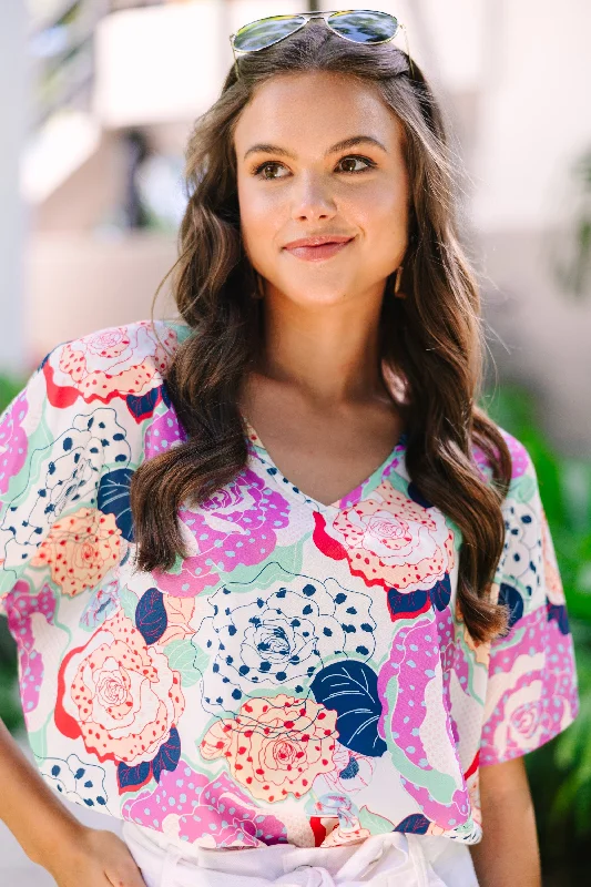 Just Say So Ivory White Floral Blouse