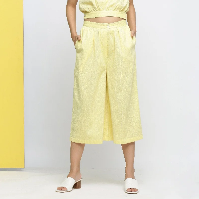 Light Yellow Yarn Dyed 100% Cotton Flared Culottes