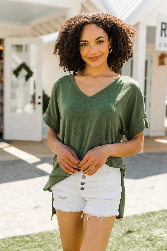 Make Your Life Easy Olive Green V-neck Top