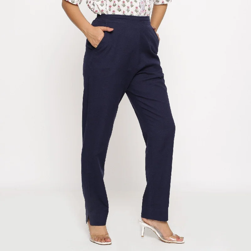 Navy Blue Cotton Flax Elasticated Mid-Rise Pant