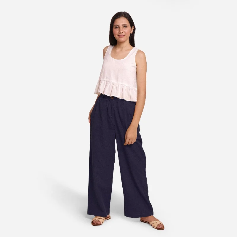 Navy Blue Cotton Flax Mid-Rise Elasticated Wide Legged Pant