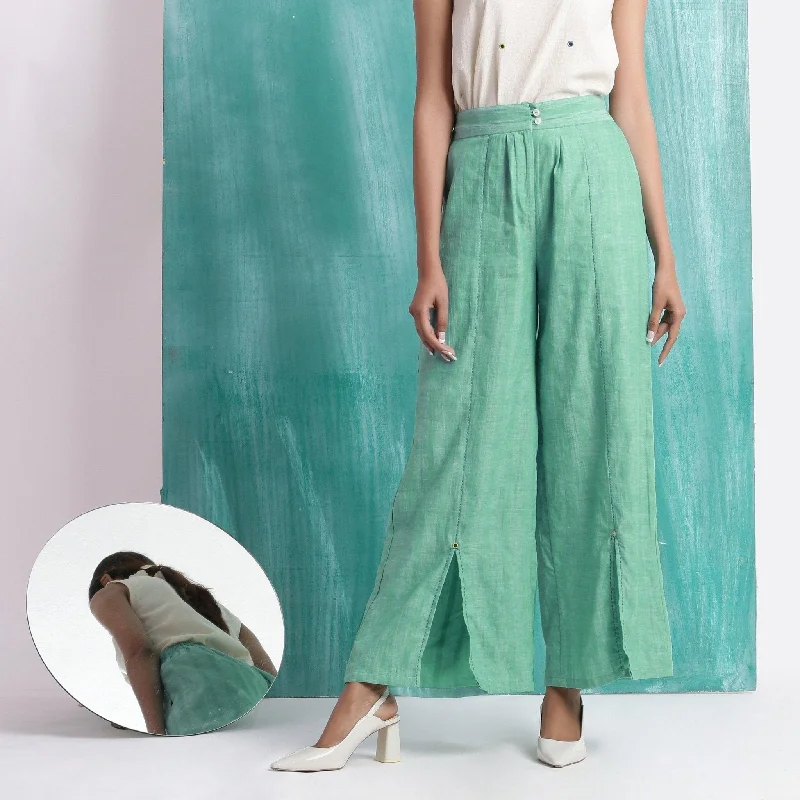 Ocean Green 100% Cotton Elasticated Mid-Rise Wide Legged Pant