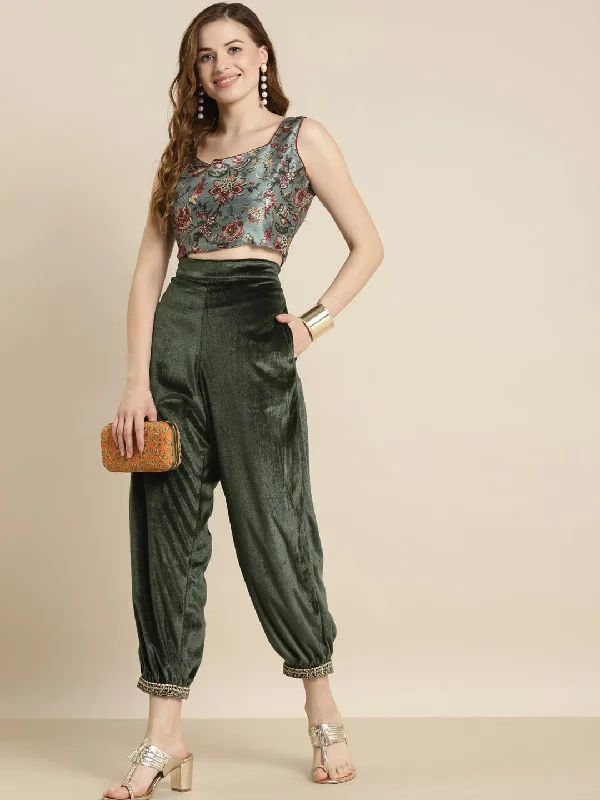 Olive Embroidered Cuff Hem Velvet Pants