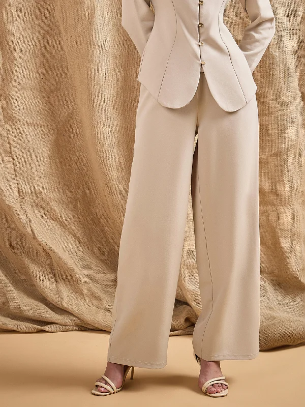 Women Beige Waist Darted Comfort Fit Pants