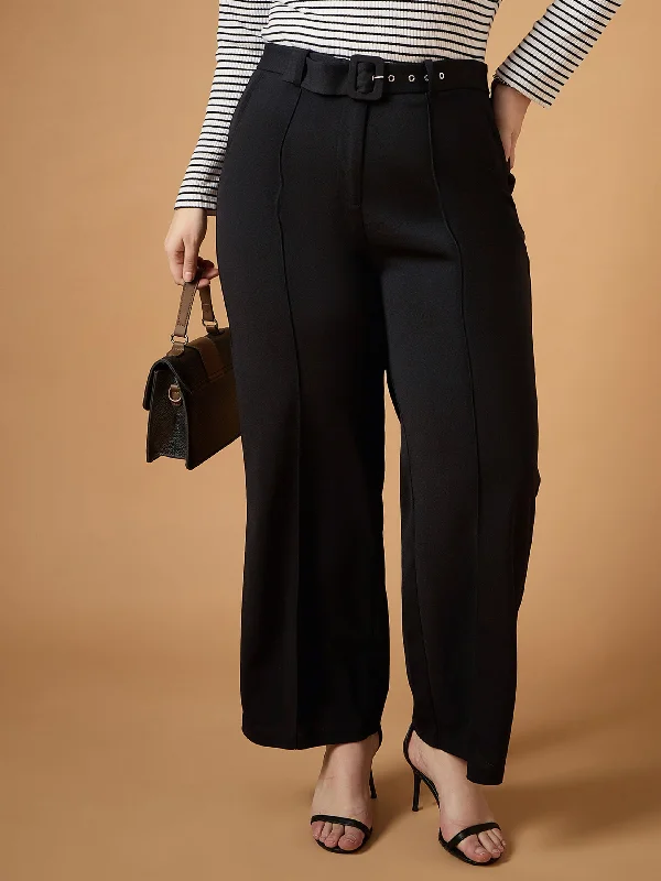 Women Black Belt Detail Straight Pants