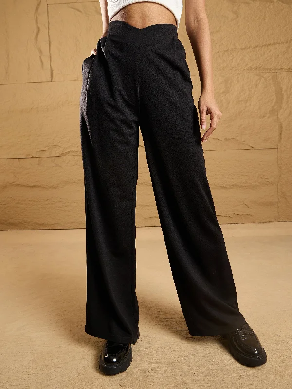 Women Black Front Pleated Comfort Fit Korean Pants