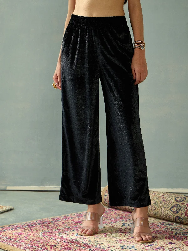 Women Black Velvet Elasticated Pants