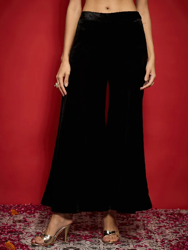 Women Black Velvet Flared Palazzos