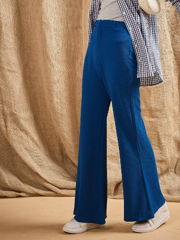 Women Blue Bell Bottom Knitted Pants