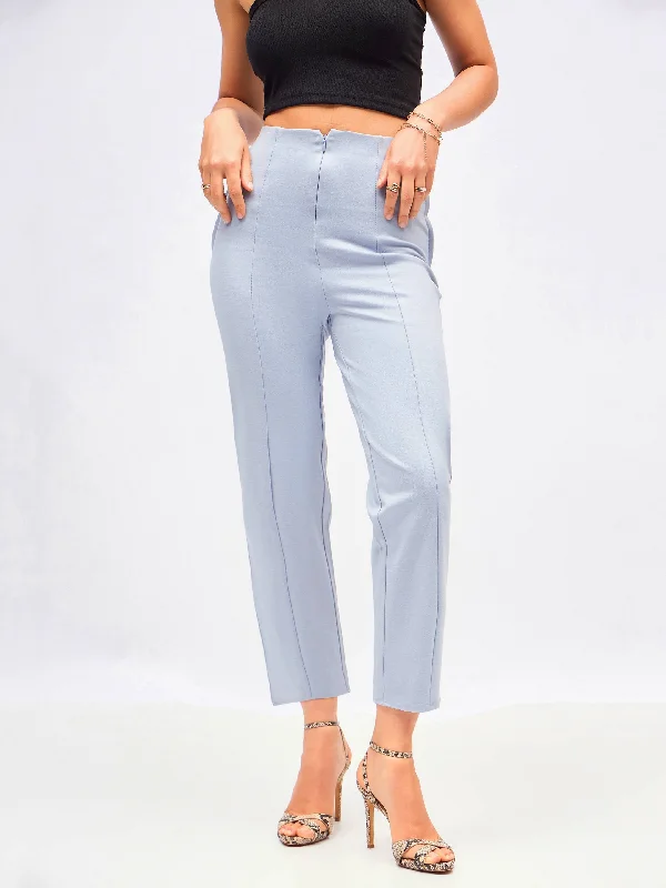 Women Dull Blue Front Darted High Waisted Pants