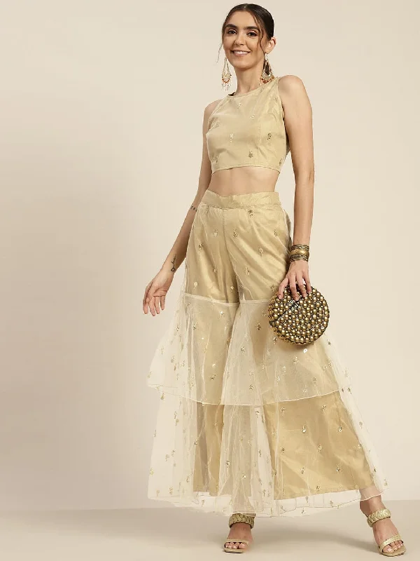 Women Golden Tulle Frilly Sharara Pants