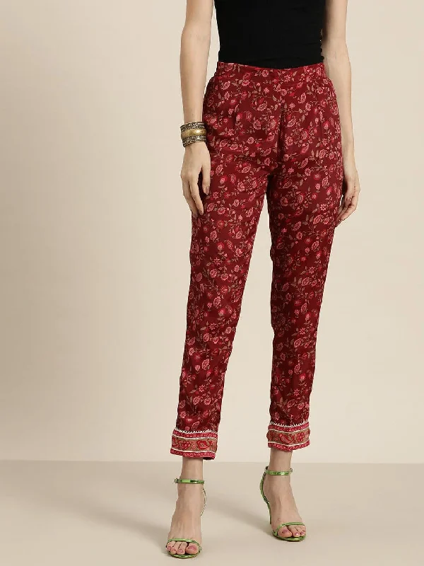 Women Maroon Floral Pencil Pants