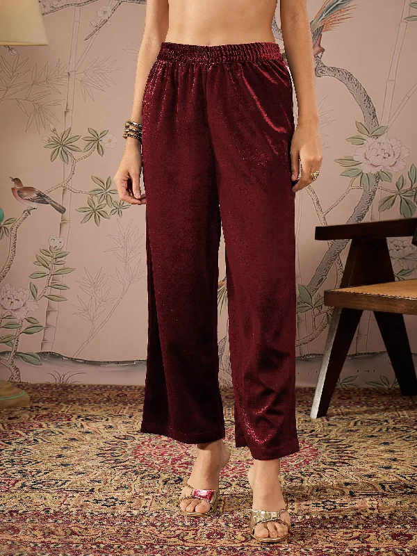 Women Maroon Velvet Elasticated Straight Pants