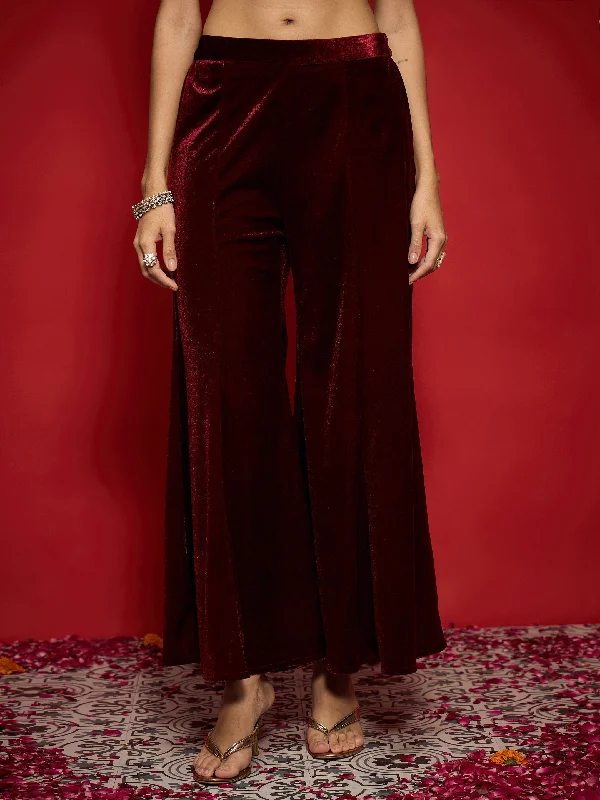 Women Maroon Velvet Flared Palazzos