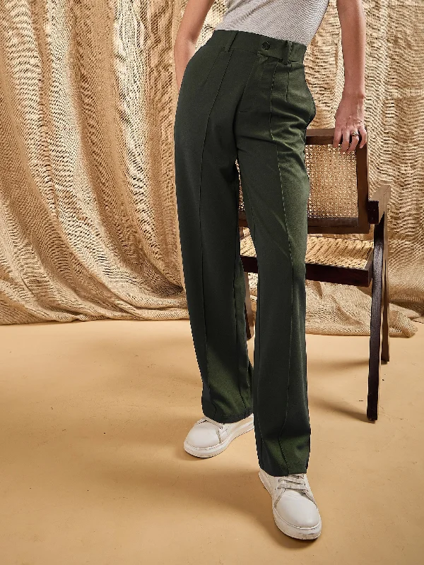 Women Olive Front Darted Strechable Pants