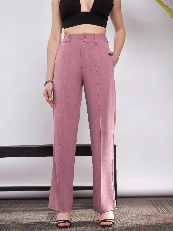 Women Pink Front Darted Knitted Straight Pants