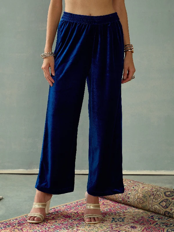 Women Royal Blue Velvet Elasticated Pants